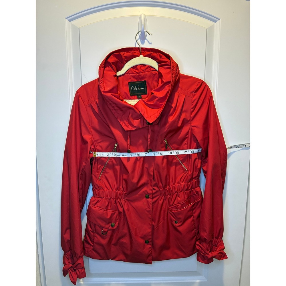 Cole Haan Womens Red Hooded Windbreaker Bow Cuffs Rain‎ Jacket Coat Size S - Picture 5 of 5